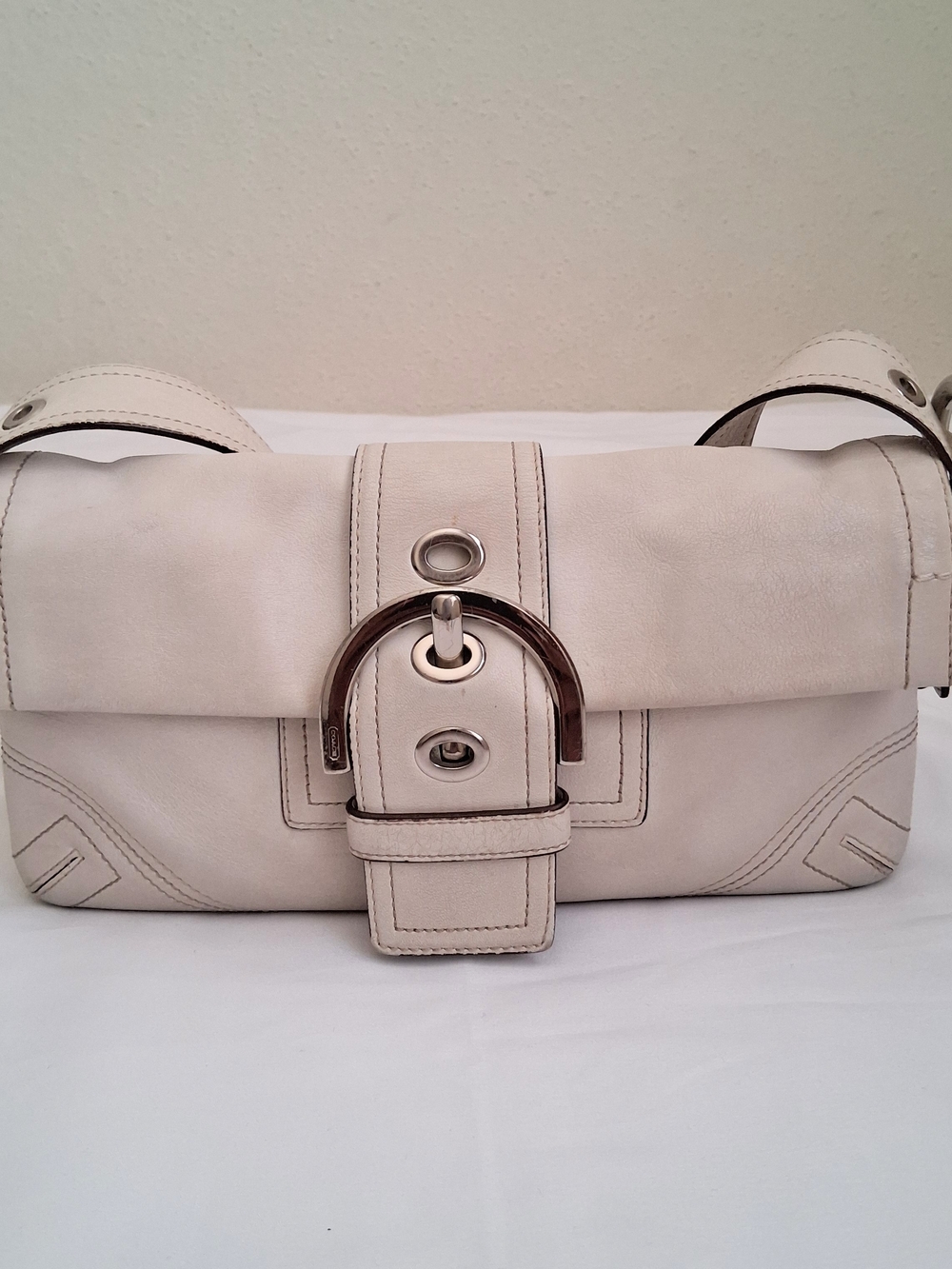 Coach Soho Small Flap Cream Leather Shoulder Bag with Silver Hardware